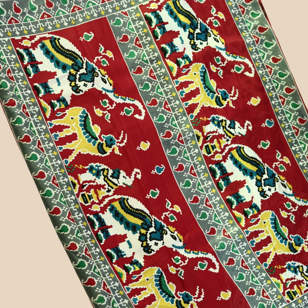Dola Silk - Patola Pattern - Ivory with Multicolor and Red Border