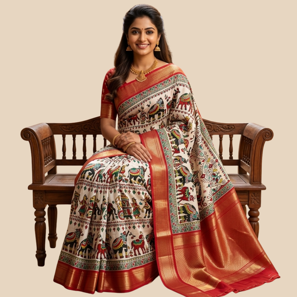 Dola Silk - Patola Pattern - Ivory with Multicolor and Red Border
