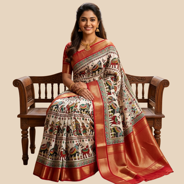 Dola Silk - Patola Pattern - Ivory with Multicolor and Red Border