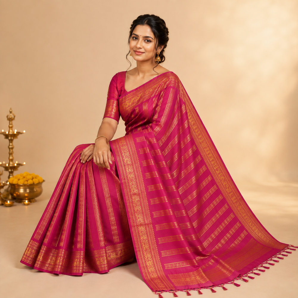 Chettinad Cotton Saree - Ghajri Pink with Rich Golden Zari - Retta Petta Border