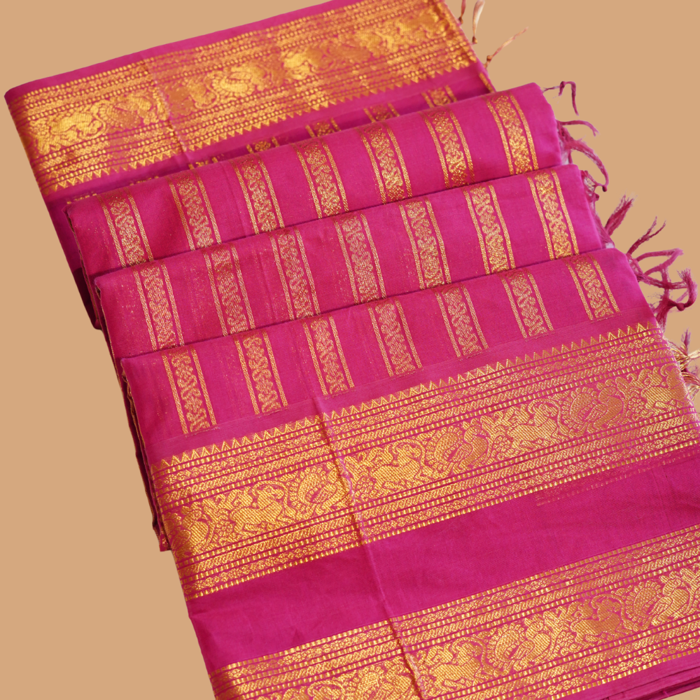 Chettinad Cotton Saree - Ghajri Pink with Rich Golden Zari - Retta Petta Border