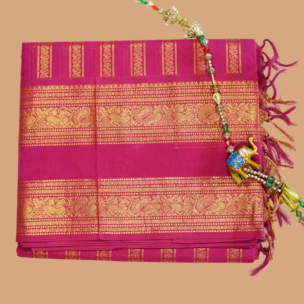 Chettinad Cotton Saree - Ghajri Pink with Rich Golden Zari - Retta Petta Border
