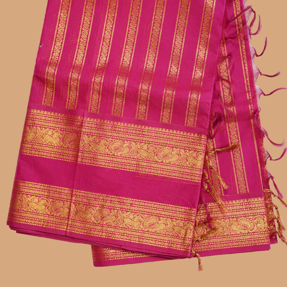 Chettinad Cotton Saree - Ghajri Pink with Rich Golden Zari - Retta Petta Border