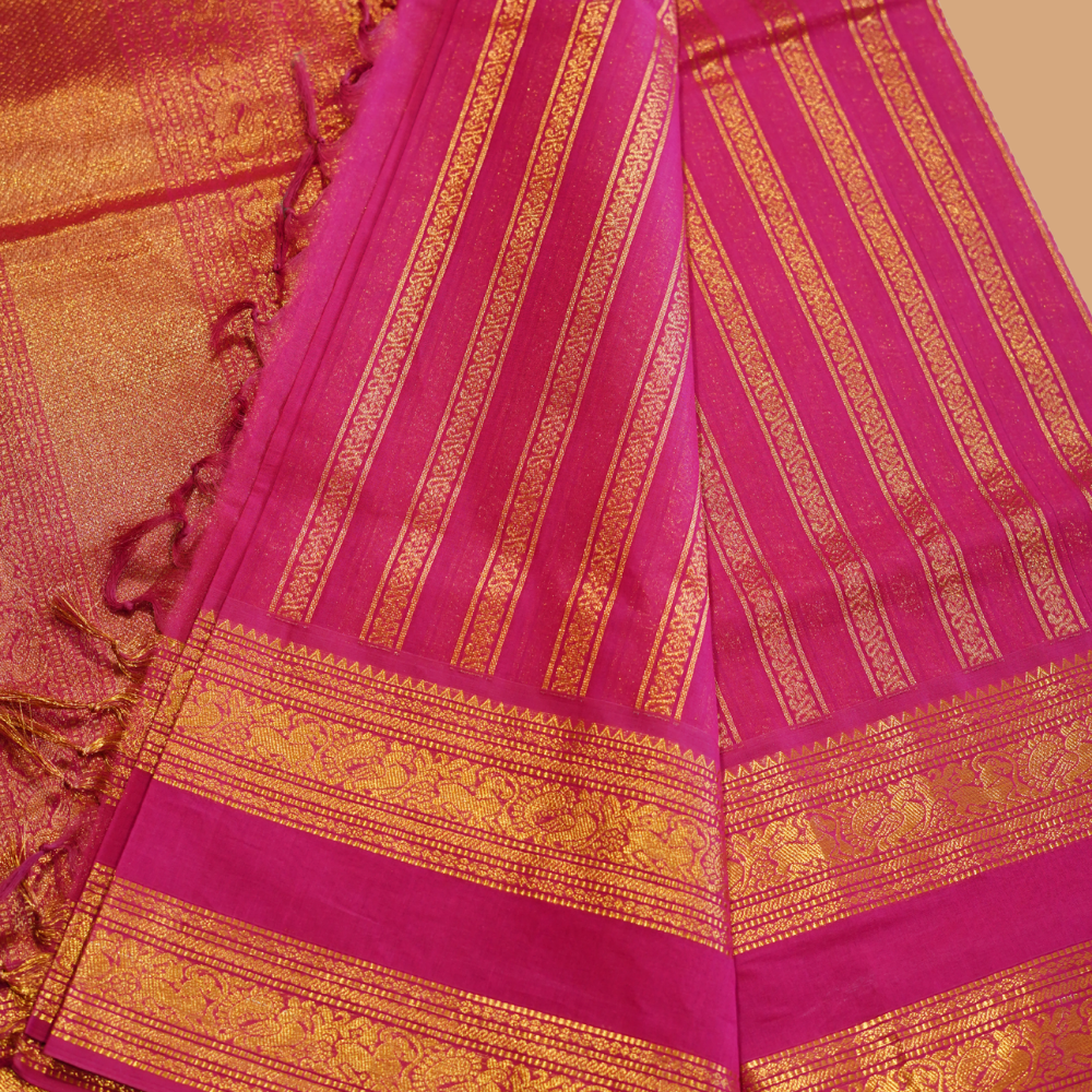Chettinad Cotton Saree - Ghajri Pink with Rich Golden Zari - Retta Petta Border