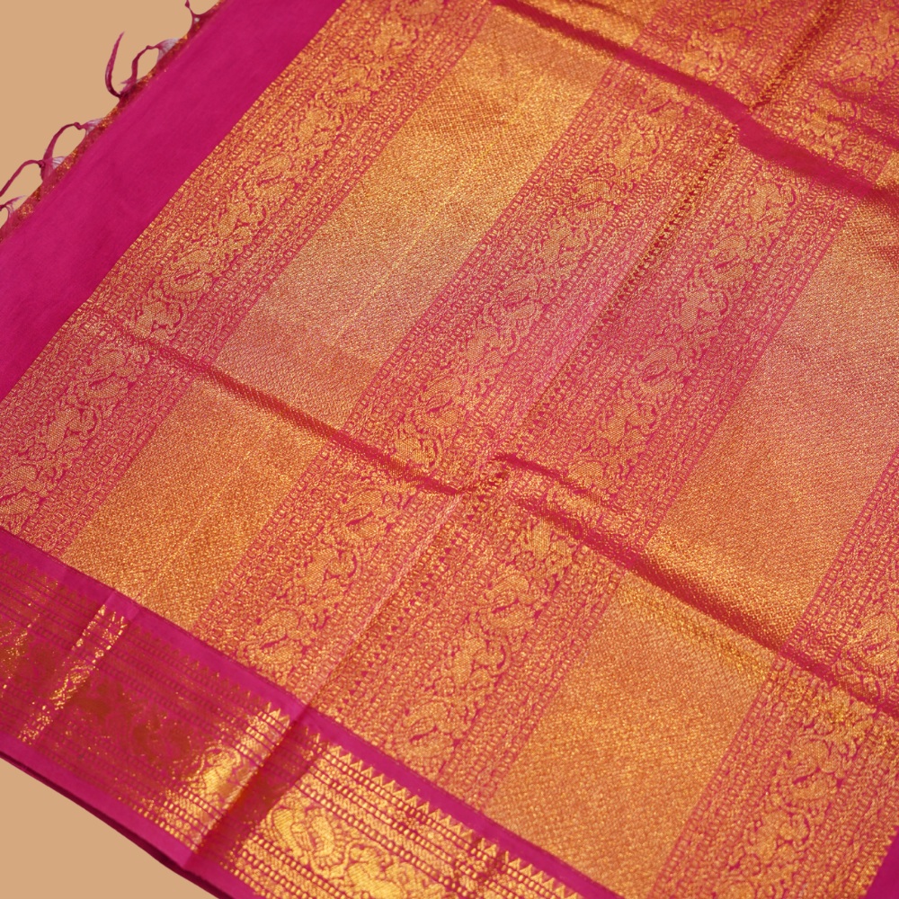 Chettinad Cotton Saree - Ghajri Pink with Rich Golden Zari - Retta Petta Border