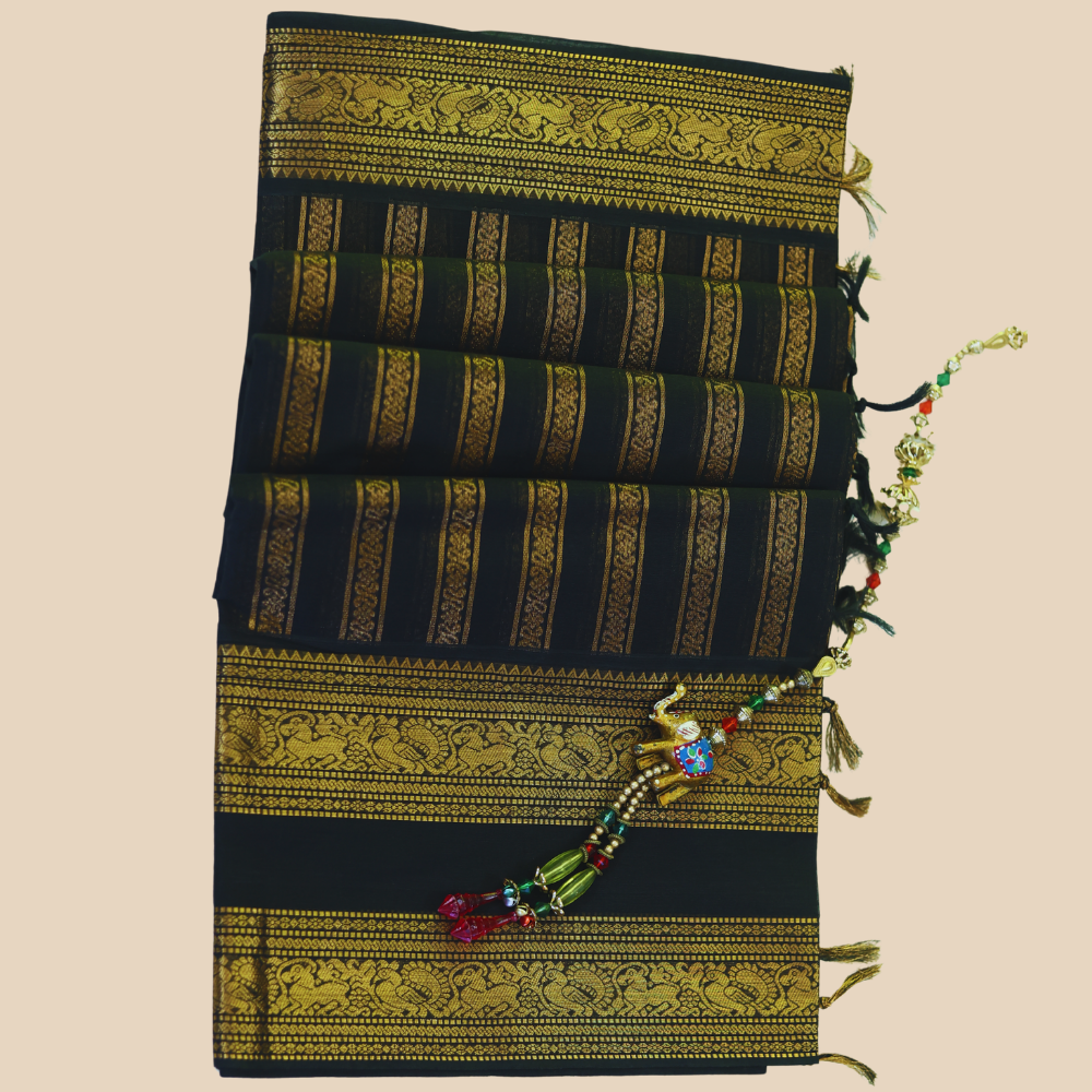 Chettinad Cotton Saree - Black with Rich Golden Zari - Retta Petta Border