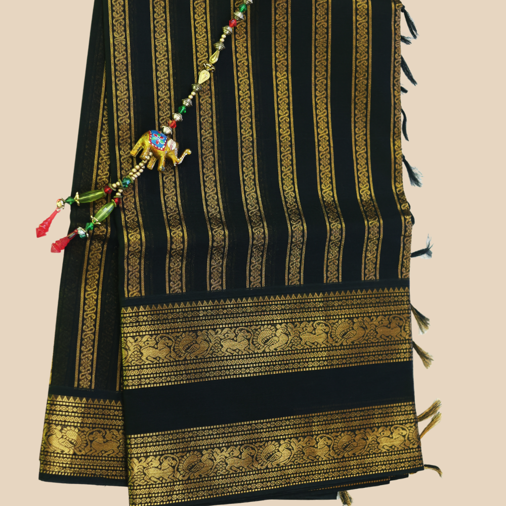 Chettinad Cotton Saree - Black with Rich Golden Zari - Retta Petta Border