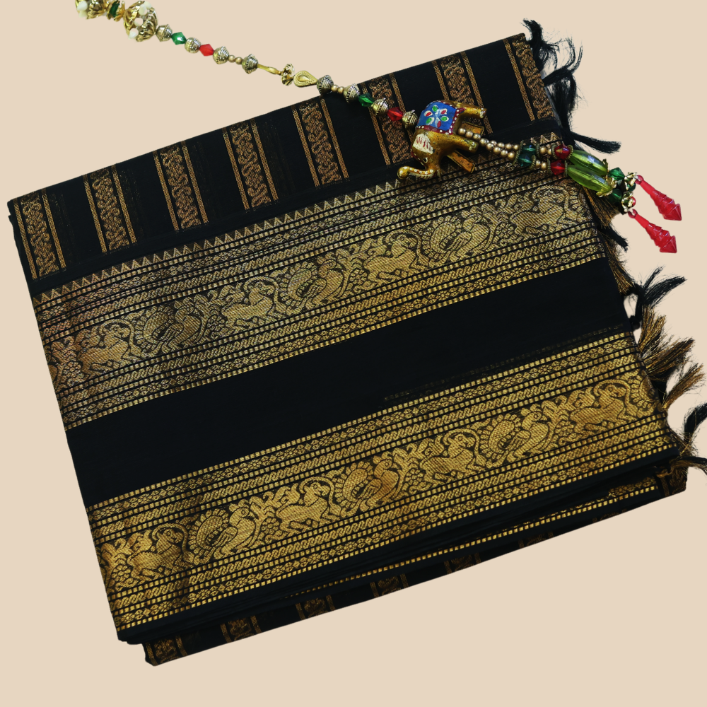 Chettinad Cotton Saree - Black with Rich Golden Zari - Retta Petta Border