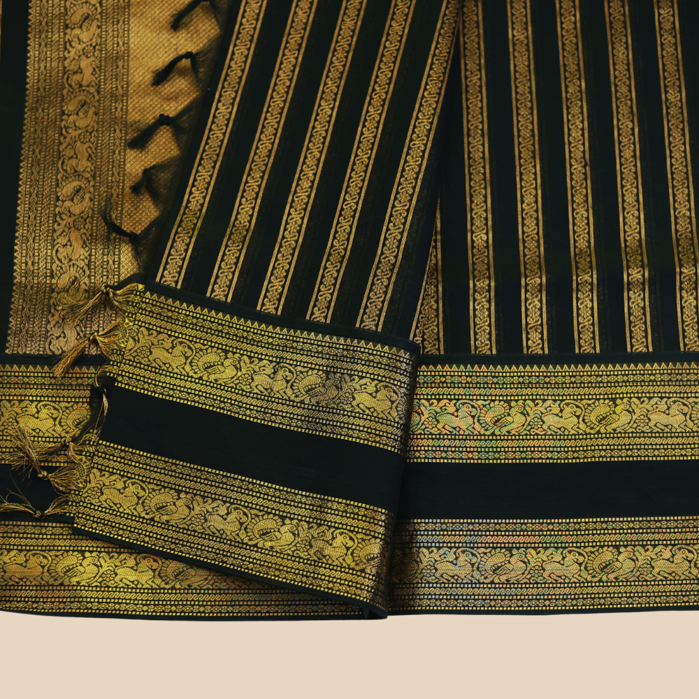Chettinad Cotton Saree - Black with Rich Golden Zari - Retta Petta Border