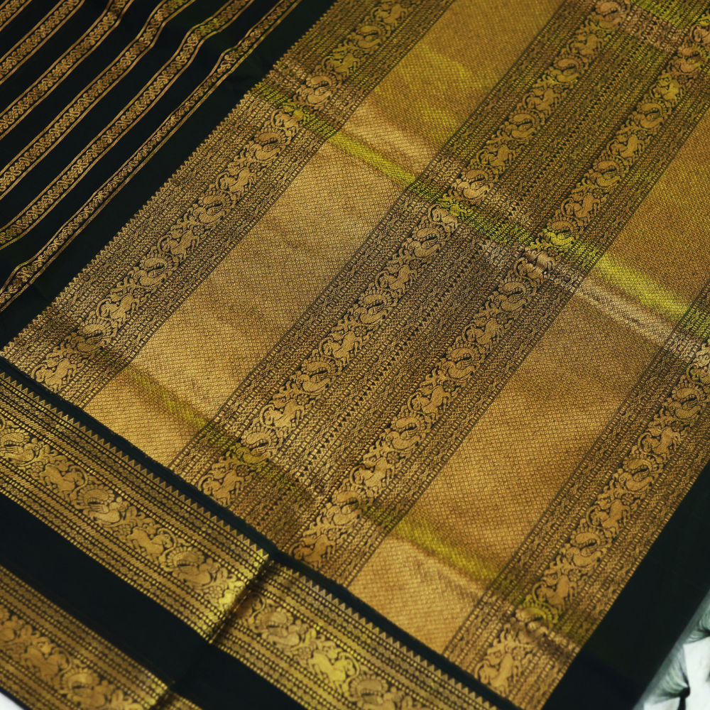 Chettinad Cotton Saree - Black with Rich Golden Zari - Retta Petta Border