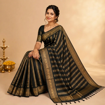Chettinad Cotton Saree - Black with Rich Golden Zari - Retta Petta Border