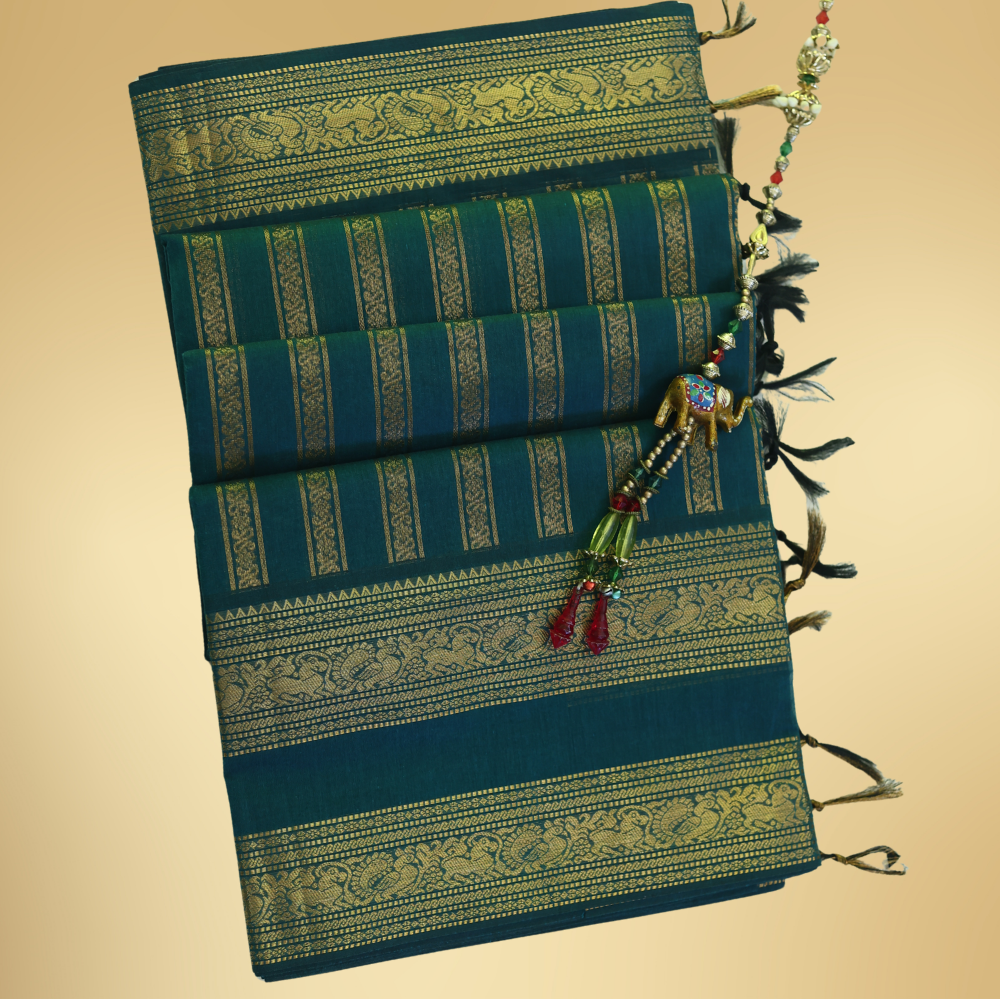 Chettinad Cotton Saree - Deep Teal Blue with Rich Golden Zari - Retta Petta Border