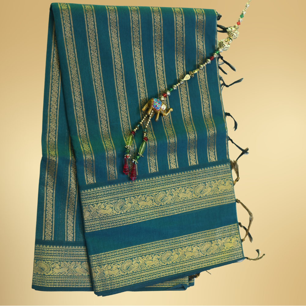Chettinad Cotton Saree - Deep Teal Blue with Rich Golden Zari - Retta Petta Border