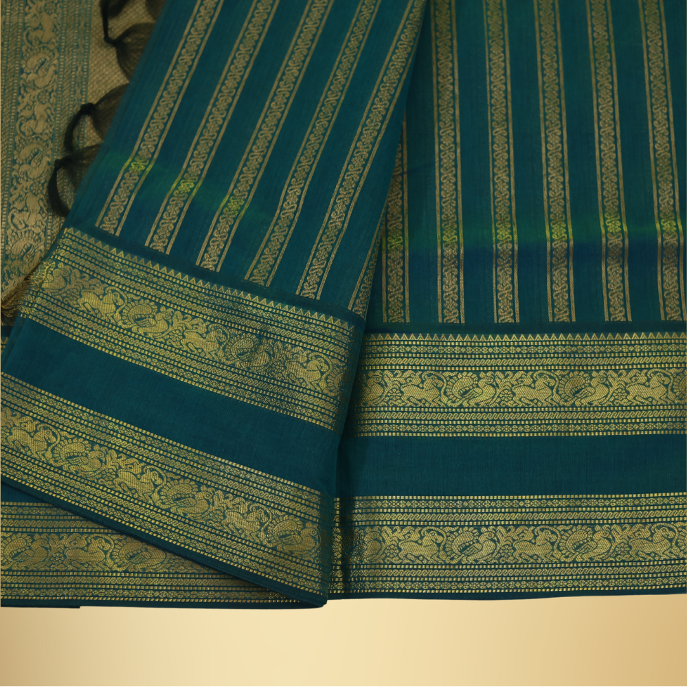 Chettinad Cotton Saree - Deep Teal Blue with Rich Golden Zari - Retta Petta Border