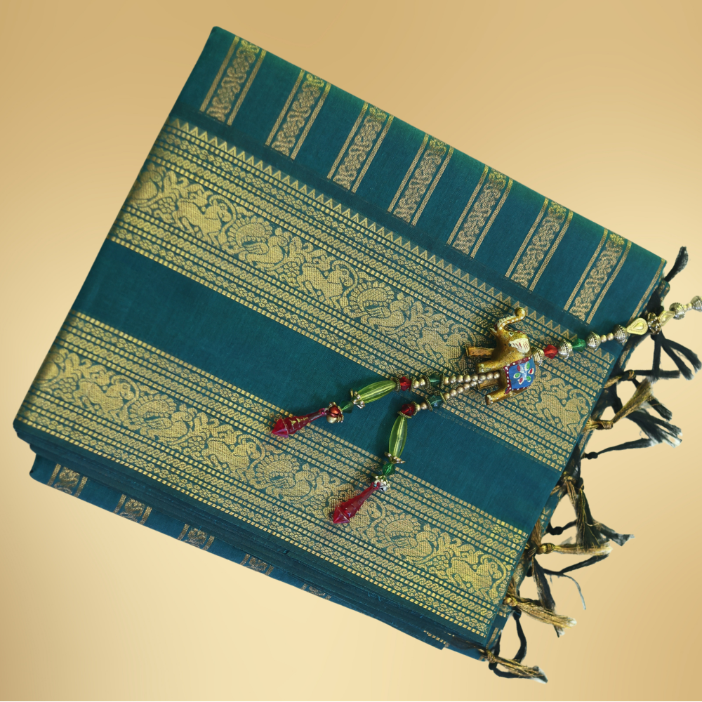 Chettinad Cotton Saree - Deep Teal Blue with Rich Golden Zari - Retta Petta Border