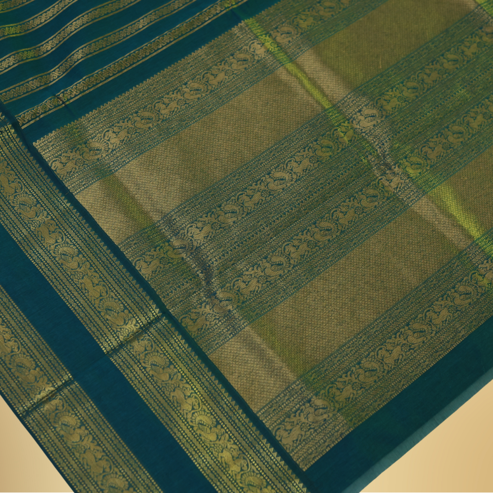 Chettinad Cotton Saree - Deep Teal Blue with Rich Golden Zari - Retta Petta Border