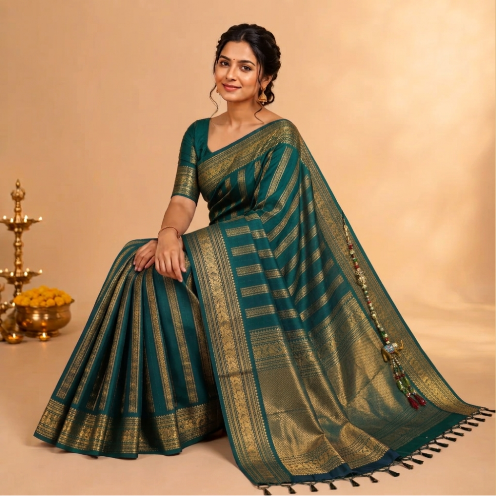 Chettinad Cotton Saree - Deep Teal Blue with Rich Golden Zari - Retta Petta Border
