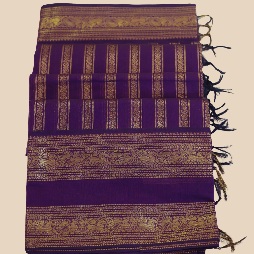 Chettinad Cotton Saree - Deep Purple with Rich Golden Zari - Retta Petta Border