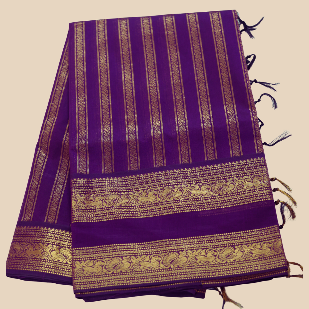 Chettinad Cotton Saree - Deep Purple with Rich Golden Zari - Retta Petta Border