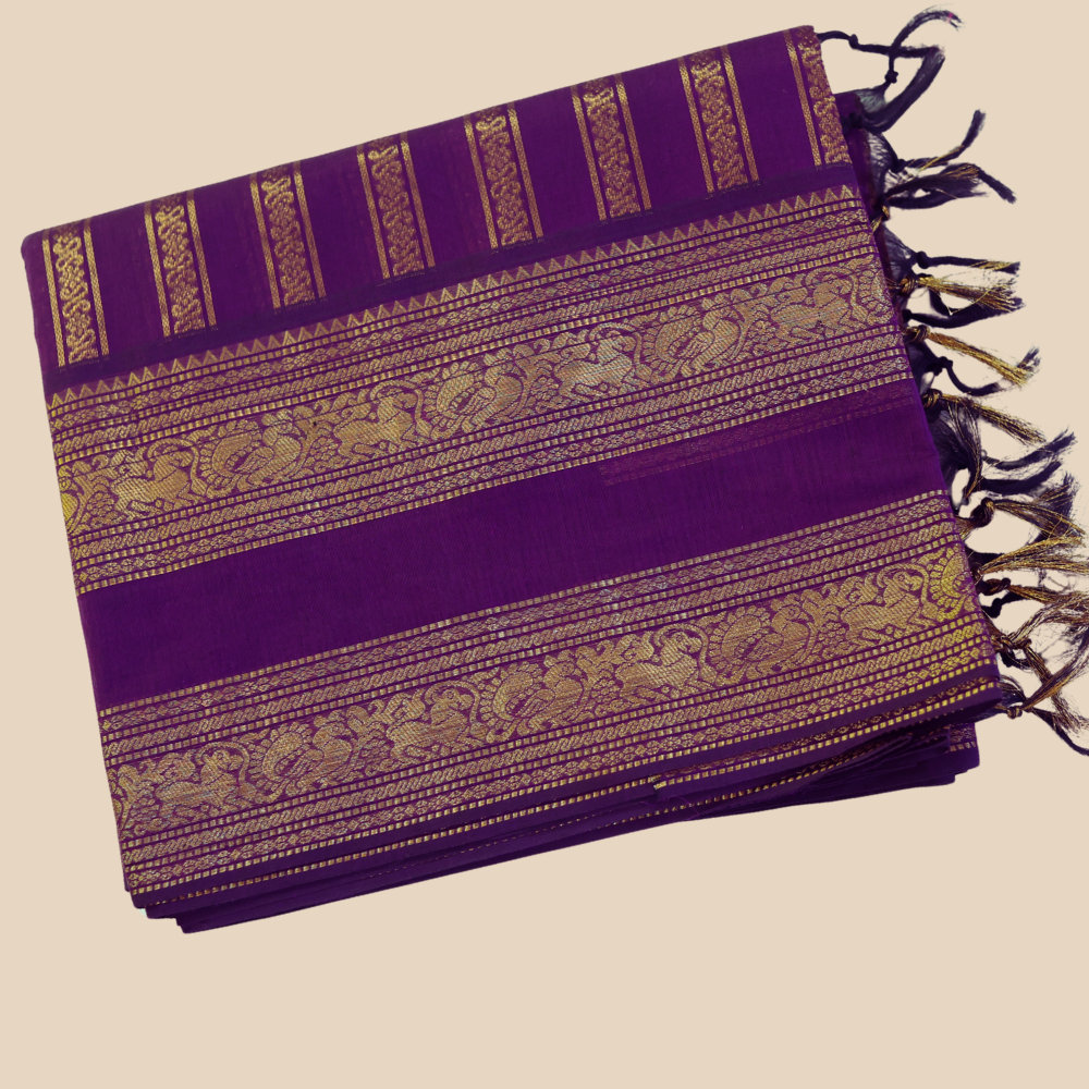 Chettinad Cotton Saree - Deep Purple with Rich Golden Zari - Retta Petta Border