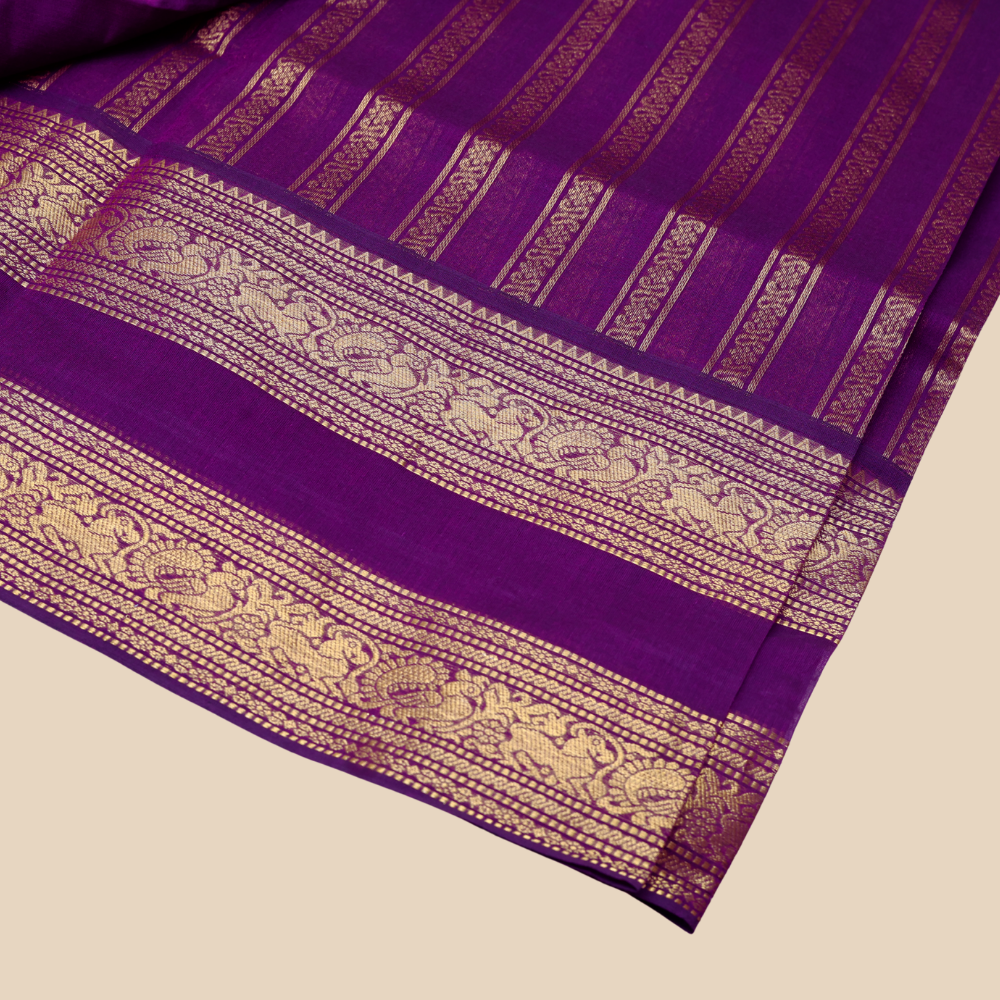Chettinad Cotton Saree - Deep Purple with Rich Golden Zari - Retta Petta Border