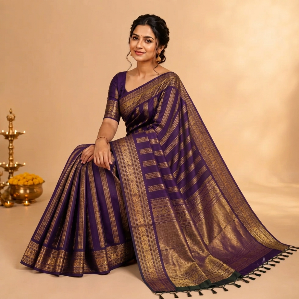 Chettinad Cotton Saree - Deep Purple with Rich Golden Zari - Retta Petta Border