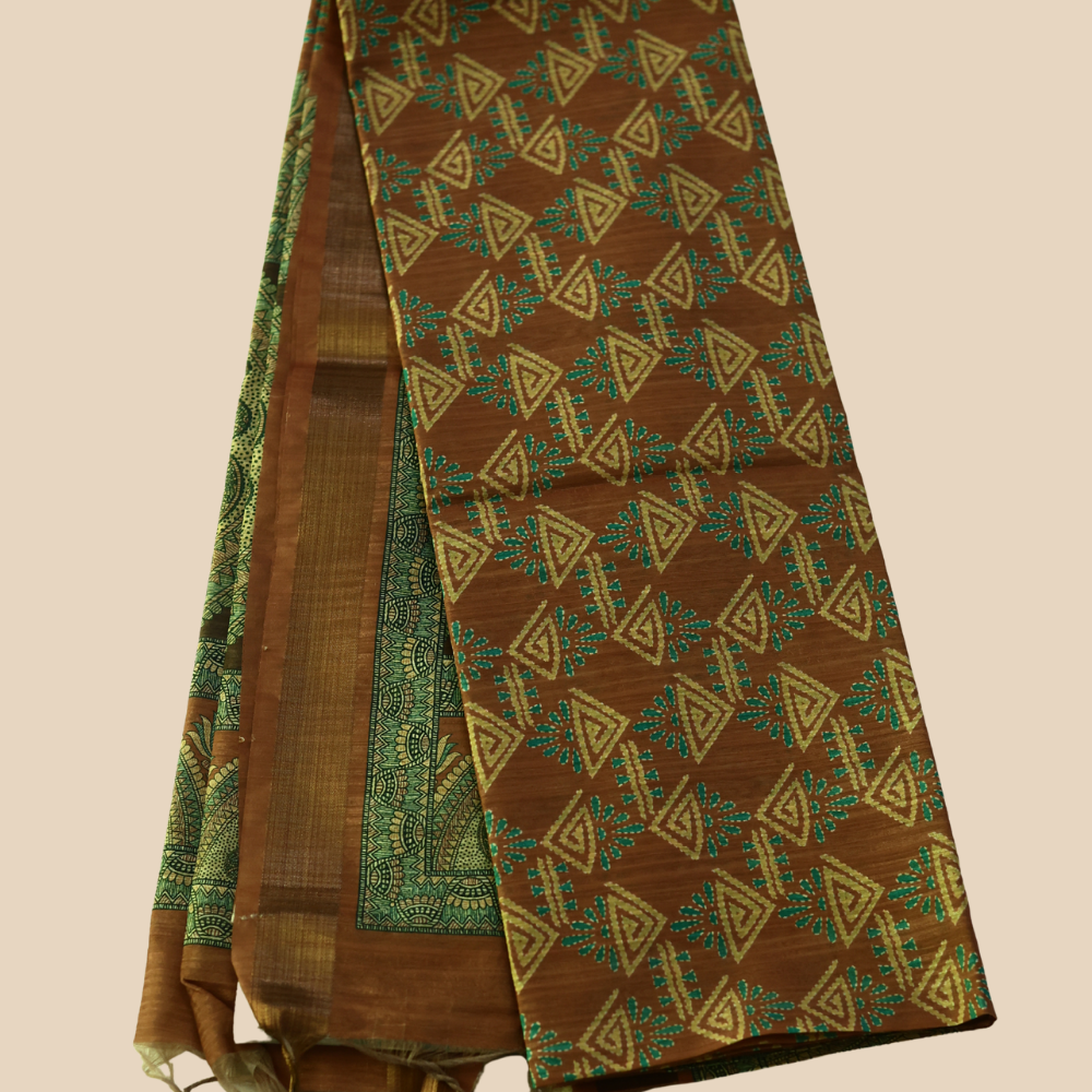 Tussar Silk - Copper Brown & Teal Green Floral Border