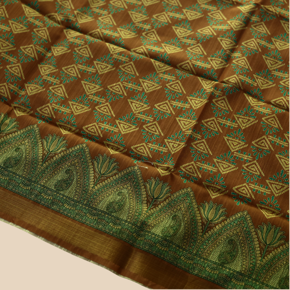 Tussar Silk - Copper Brown & Teal Green Floral Border