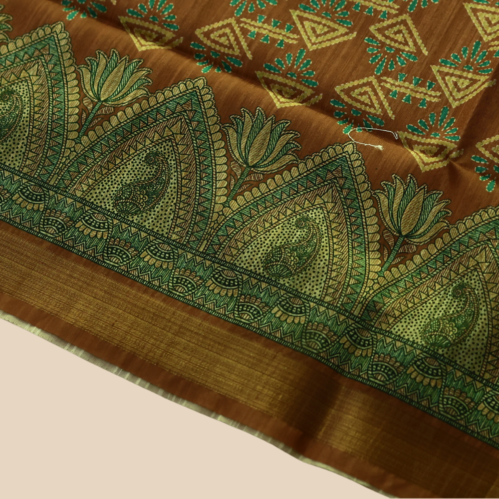 Tussar Silk - Copper Brown & Teal Green Floral Border