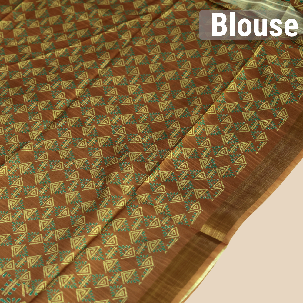 Tussar Silk - Copper Brown & Teal Green Floral Border