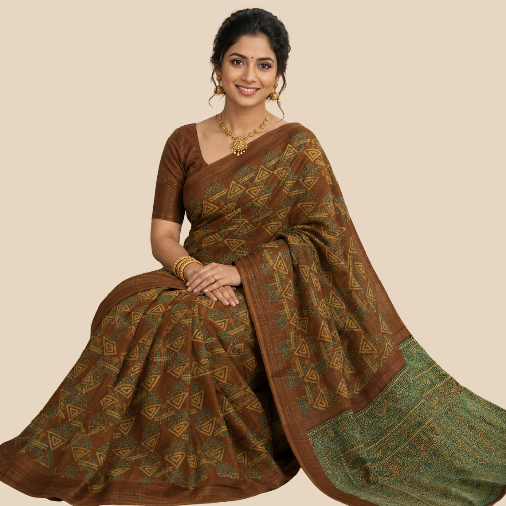 Tussar Silk - Copper Brown & Teal Green Floral Border