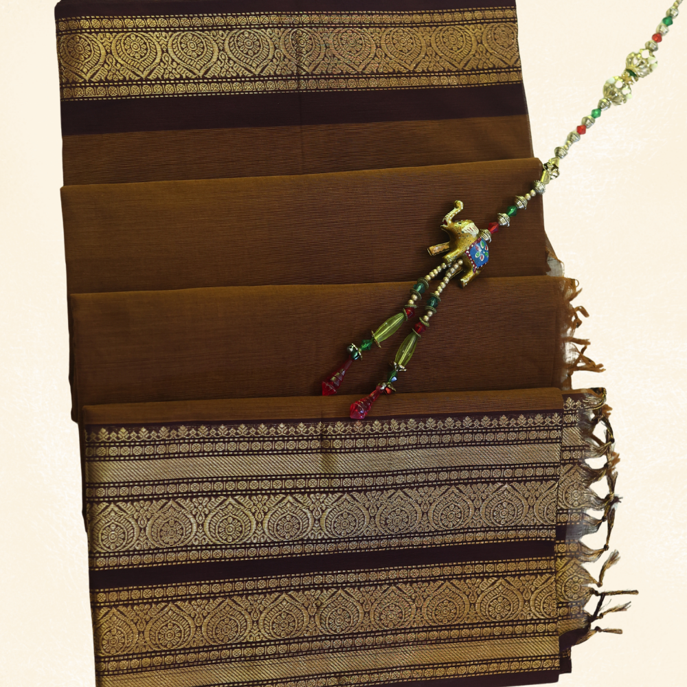 Chettinad Cotton Saree - Rich Chocolate Brown with Gold Zari Border