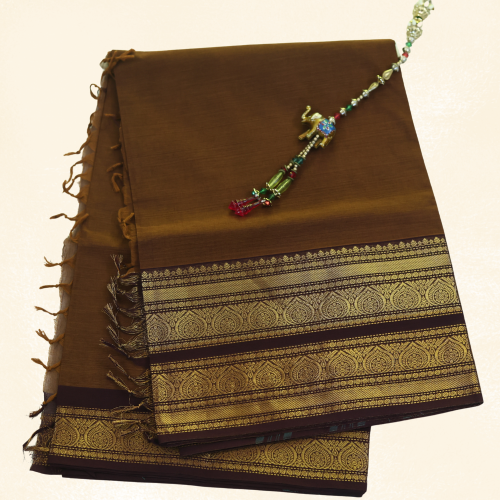 Chettinad Cotton Saree - Rich Chocolate Brown with Gold Zari Border