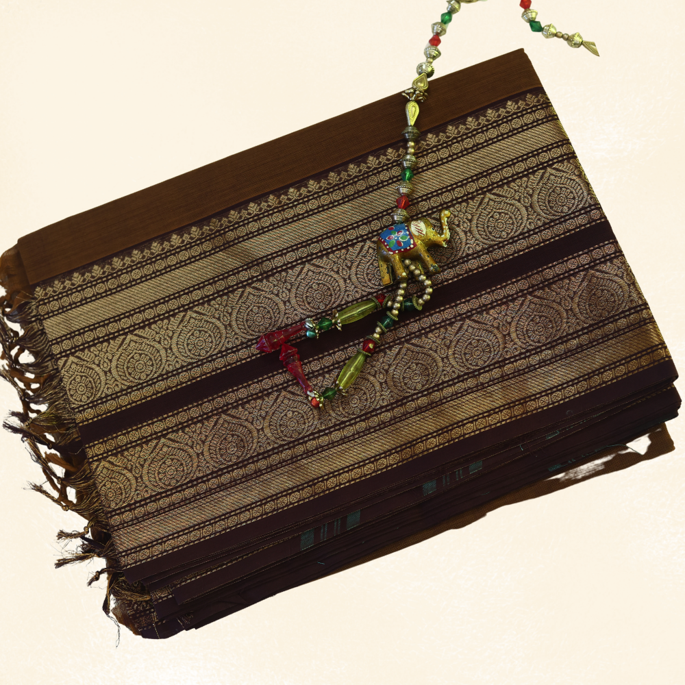 Chettinad Cotton Saree - Rich Chocolate Brown with Gold Zari Border
