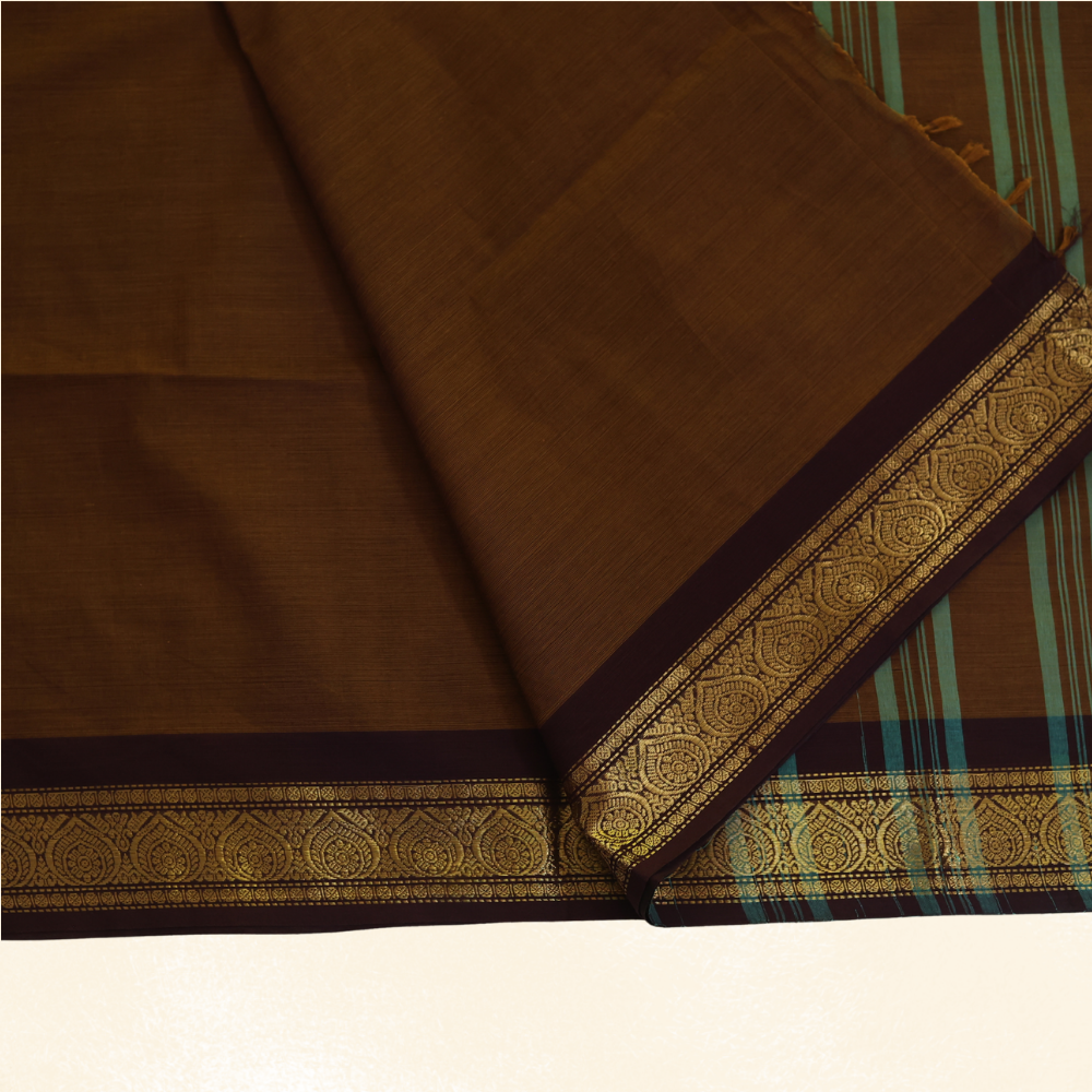 Chettinad Cotton Saree - Rich Chocolate Brown with Gold Zari Border
