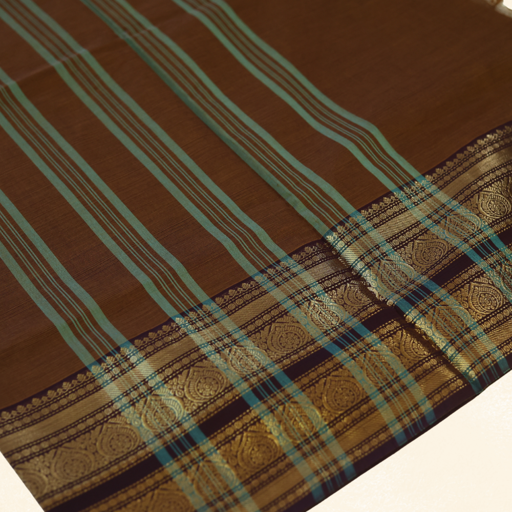 Chettinad Cotton Saree - Rich Chocolate Brown with Gold Zari Border