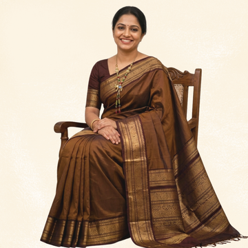 Chettinad Cotton Saree - Rich Chocolate Brown with Gold Zari Border