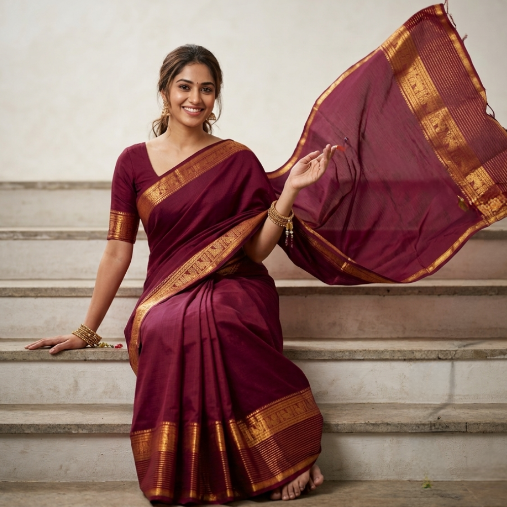 Chettinad Cotton Saree - Vaira Oosi - Maroon with Golden Zari Border