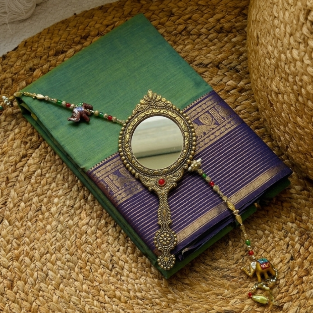 Chettinad Cotton Saree - Vaira Oosi - Green and Navy Blue with Golden Zari Border