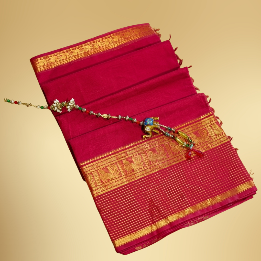 Chettinad Cotton Saree - Vaira Oosi - Red with Golden Zari Border