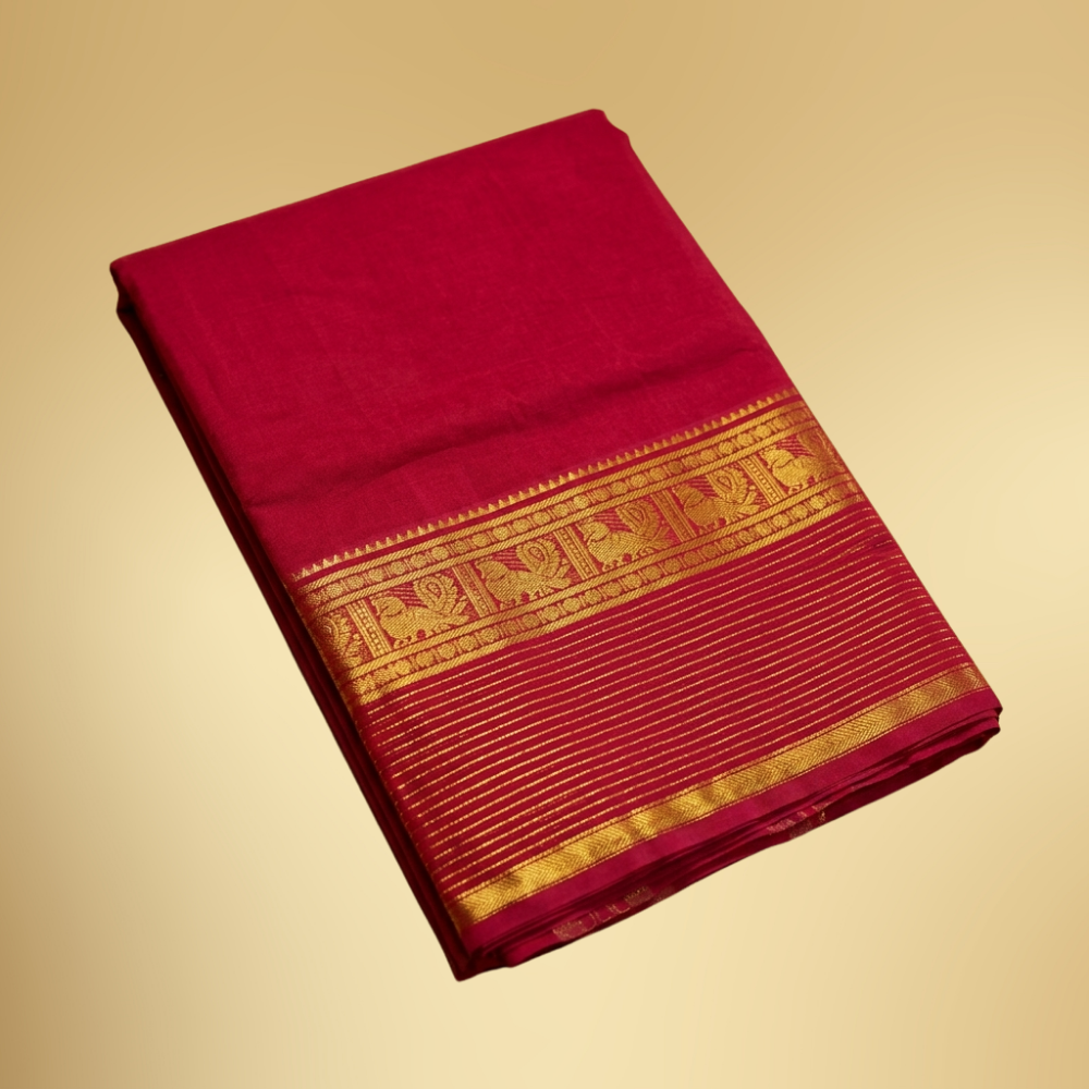 Chettinad Cotton Saree - Vaira Oosi - Red with Golden Zari Border