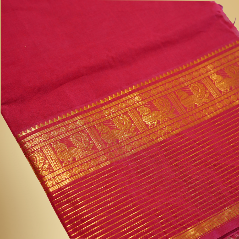 Chettinad Cotton Saree - Vaira Oosi - Red with Golden Zari Border