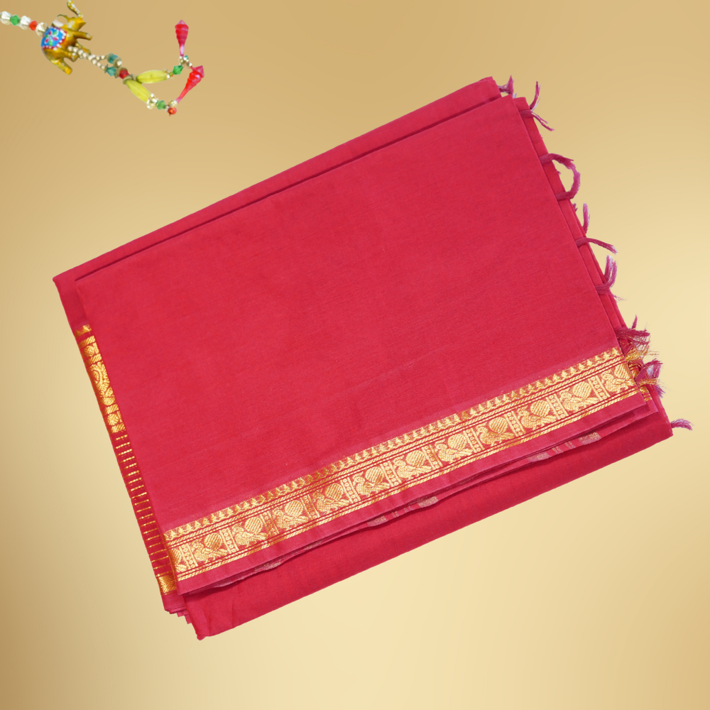 Chettinad Cotton Saree - Vaira Oosi - Red with Golden Zari Border