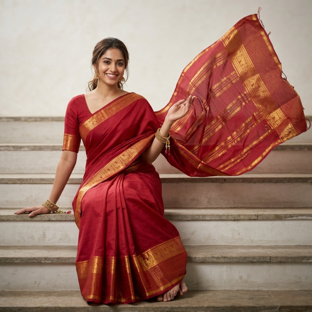 Chettinad Cotton Saree - Vaira Oosi - Red with Golden Zari Border