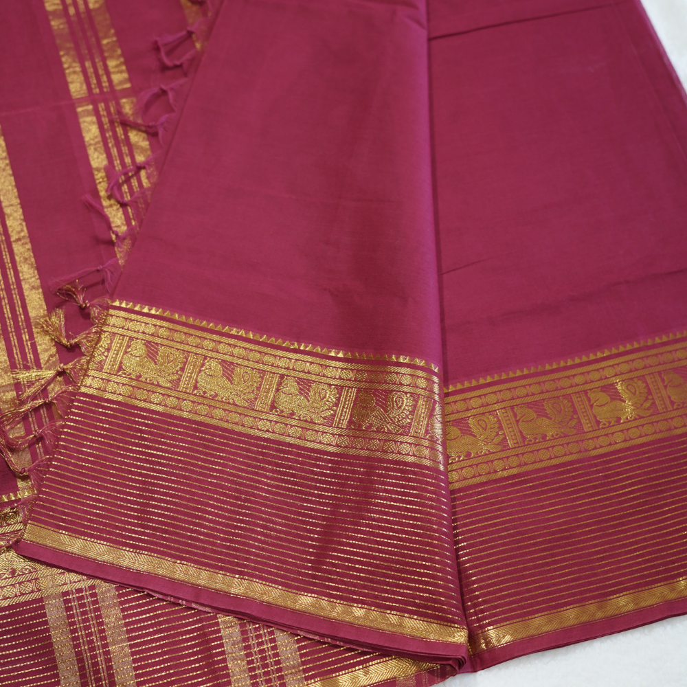 Chettinad Cotton Saree - Vaira Oosi - Maroon with Golden Zari Border