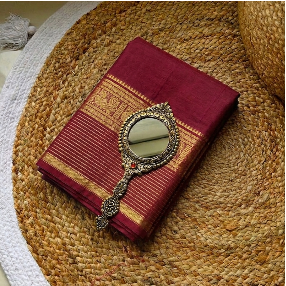 Chettinad Cotton Saree - Vaira Oosi - Maroon with Golden Zari Border