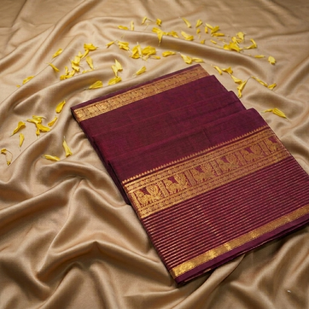 Chettinad Cotton Saree - Vaira Oosi - Maroon with Golden Zari Border
