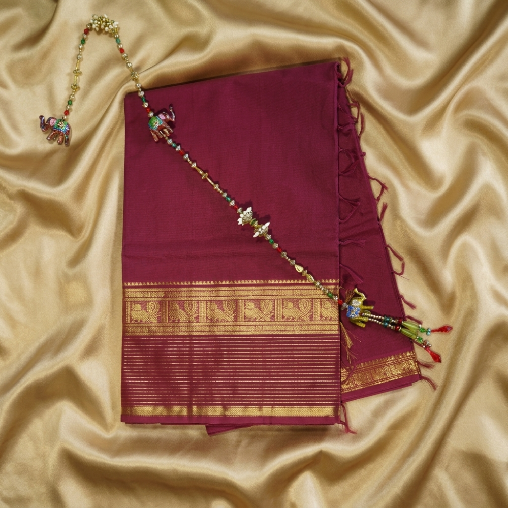 Chettinad Cotton Saree - Vaira Oosi - Maroon with Golden Zari Border