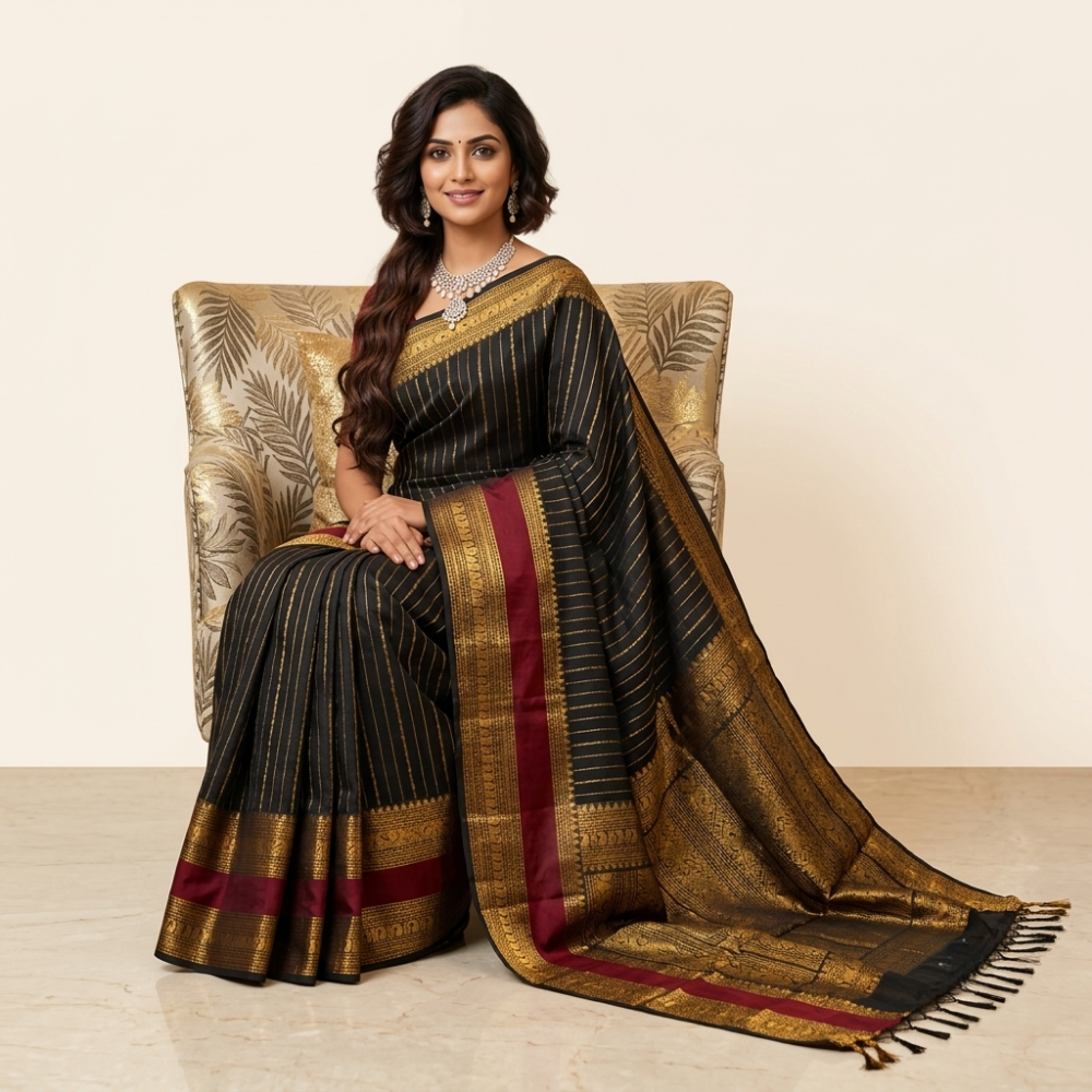 Chettinad Cotton Saree - Vaira Oosi Retta Petta Border Black with Gold
