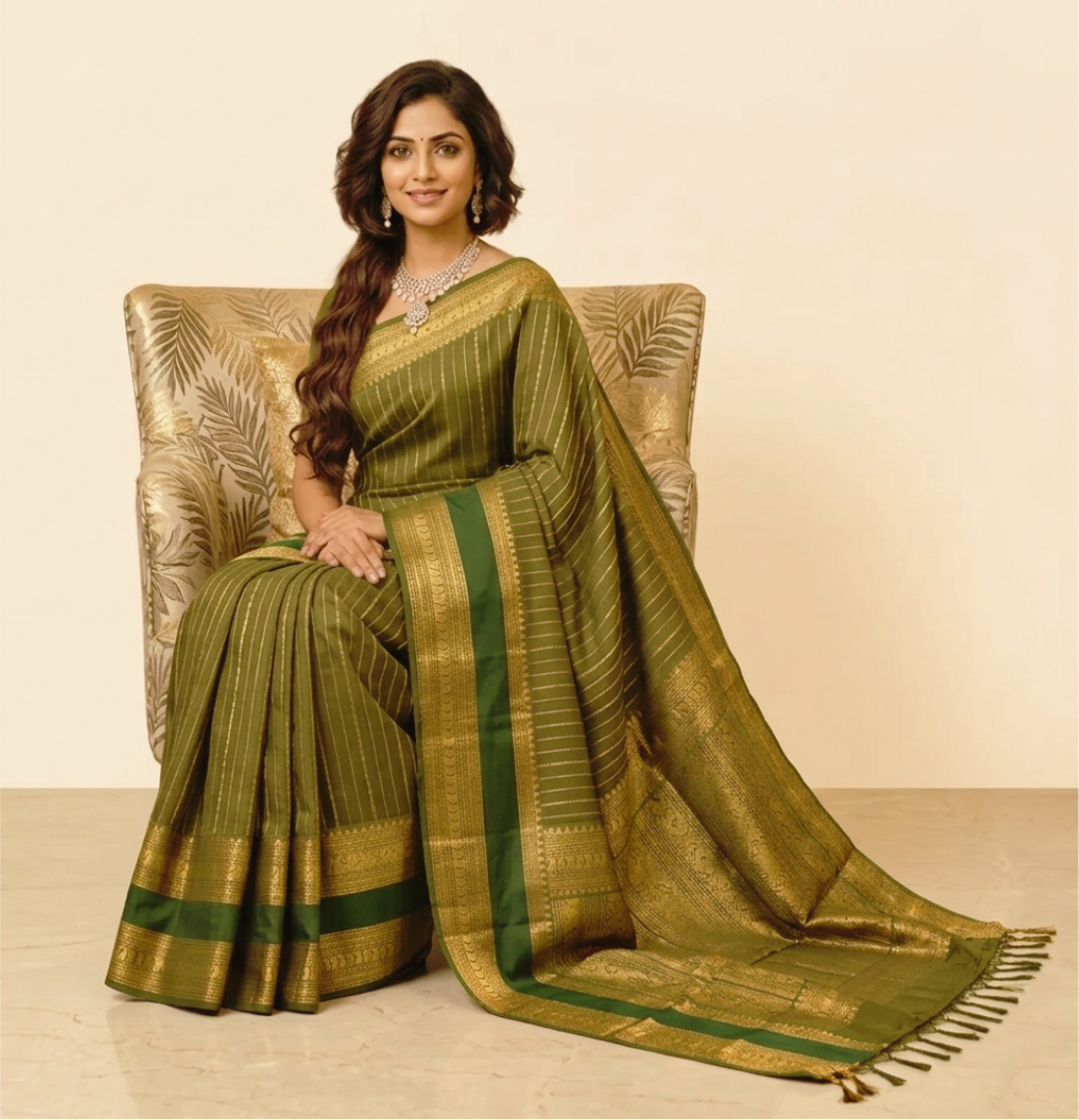Chettinad Cotton Saree - Vaira Oosi Retta Petta Border - Olive Green with Gold